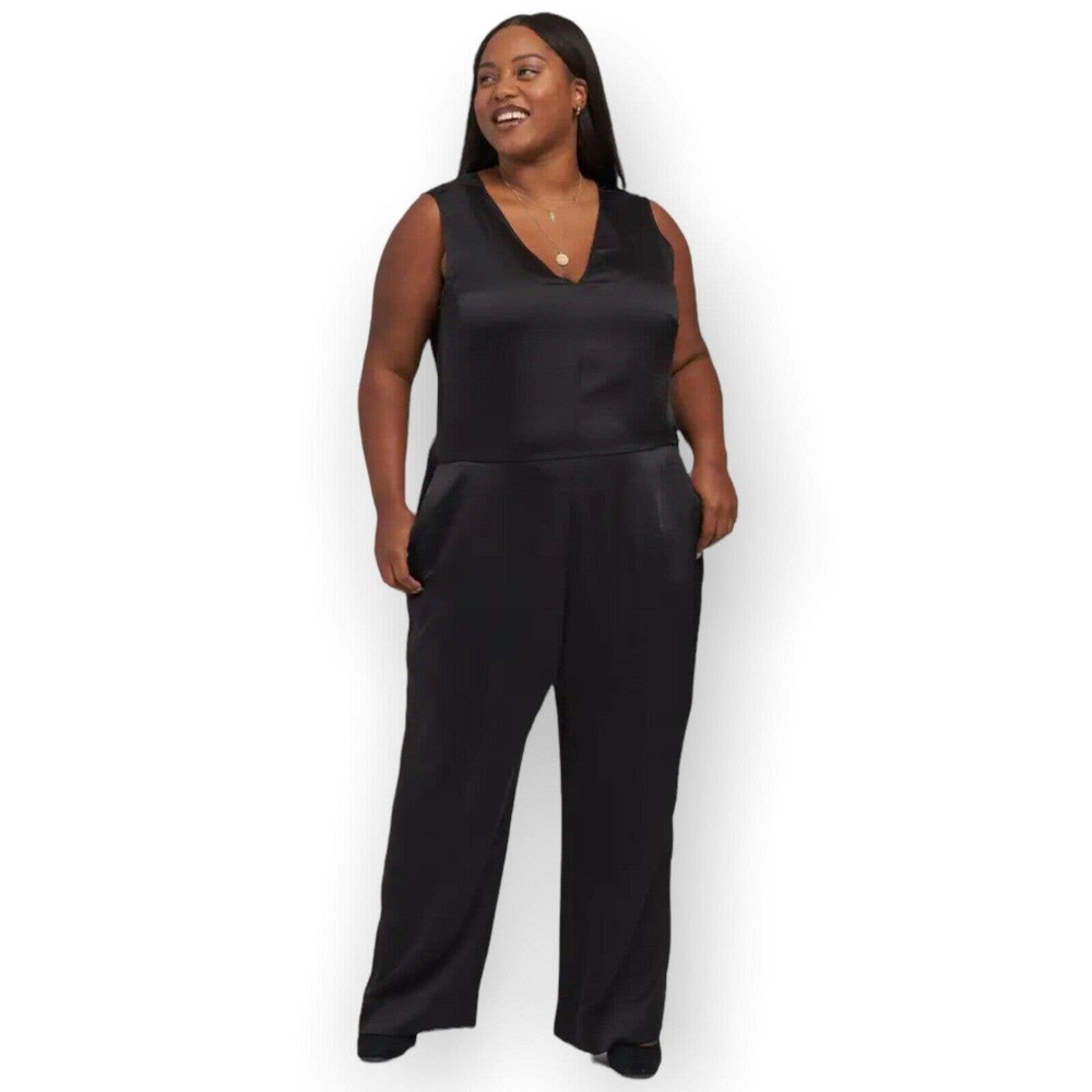 Universal Standard Luna Jumpsuit Black Satin Double V New M 18 - 20